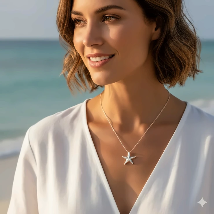 Closeup of a woman wearing a delicate silver starfish necklace pendant.