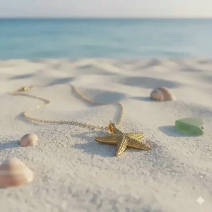 Elegant starfish necklace lying on white beach sand, invoking a seaside theme.