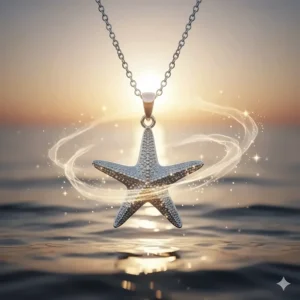 An artistic depiction of a necklace starfish with gentle waves and light rays, emphasizing its symbolism of renewal and resilience.