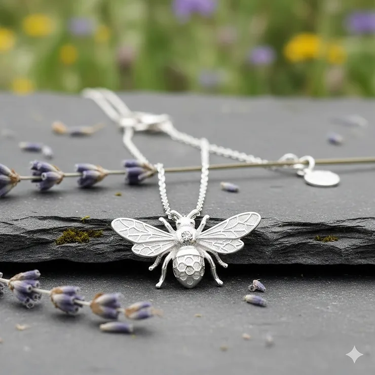 Sterling silver bee necklace featuring a tiny engraved honeycomb design, perfect for layering with other jewelry or as a thoughtful gift for a nature lover.