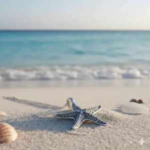 A close-up of a sterling silver necklace starfish pendant resting on a bed of fine white sand, with the ocean blurred softly in the background. The starfish design symbolizes renewal and resilience.