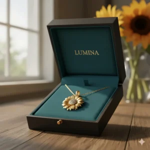 The gold sunflower necklace presented in an open, branded gift box with velvet lining, ready for gifting to a loved one.