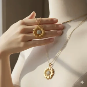 Photo showing the gold sunflower necklace at 16-inch and 18-inch chain lengths to help customers visualize the fit and drop.
