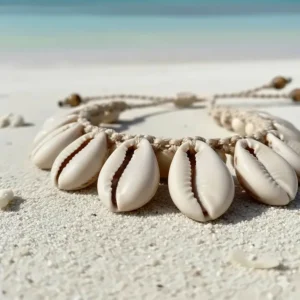 Extreme close-up shot emphasizing the smooth texture and natural patterns of the polished cowrie shell necklace beads.