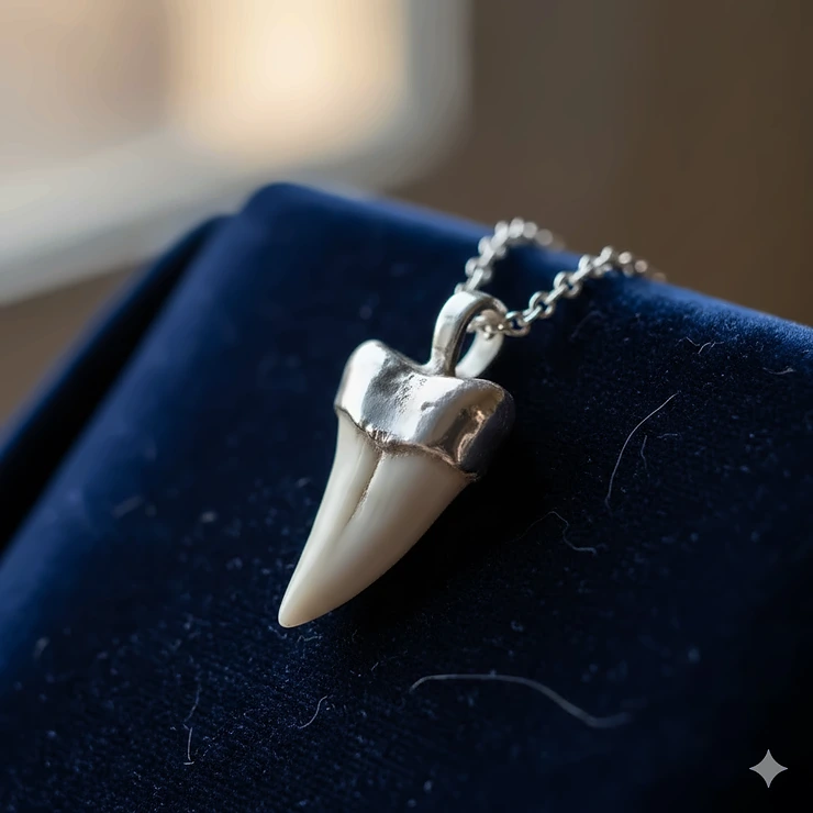 A close-up shot of a delicate sterling silver tooth necklace with a polished, naturally shed animal tooth pendant resting on a dark velvet background.