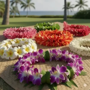 A collection of traditional Hawaiian flower leis showcasing various styles and vibrant petals, illustrating the cultural treasure mentioned in the text.