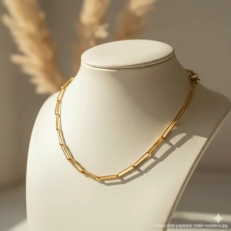 Close-up shot of the trendy gold paperclip chain necklace styled alone, highlighting the polished finish and modern, elongated links. gold paperclip chain necklace trendy
