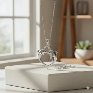 An artistic two-dolphin or "kissing dolphin" necklace design, symbolizing love and companionship.