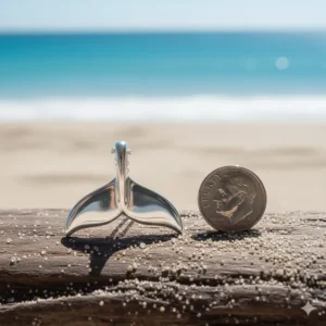 Visual comparison of the whale tail necklace pendant next to a common coin (like a dime or penny) to clearly indicate the exact pendant dimensions.