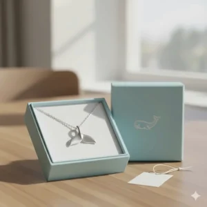 A small, branded gift box containing the beautiful whale tail necklace, ready for gifting to a lover of ocean life and marine jewelry.