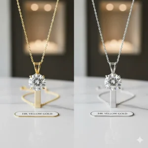 Image of the diamond solitaire pendant, contrasting the 14k yellow gold option with a 14k white gold variation.