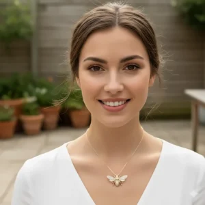 Young woman wearing a dainty bee necklace with an adjustable chain, showcasing how the jewelry looks when worn on the skin.