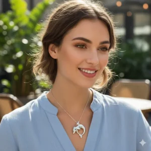 A woman smiling and wearing the beautiful dolphin necklace, showcasing how the jewelry looks when worn for a lifestyle appeal.