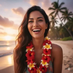A woman smiling on a beach, gracefully wearing a vibrant red and yellow Hawaiian flower necklace to showcase the island vibes and beauty.
