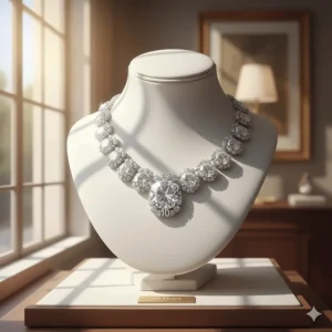 Luxury diamond necklace displayed on a mannequin to celebrate a 10th wedding anniversary.