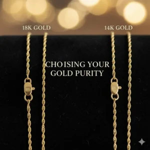 Comparison image highlighting the color difference and stamping between 14k and 18k gold chain necklaces, helping women choose the right purity.