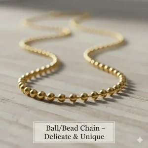 The small, uniformly separated spheres of a ball or bead chain, best for lightweight and delicate pendants or dog tags.