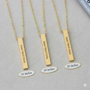 Comparison illustrating the different available chain lengths (16", 18", 20") for the personalized gold bar necklace.