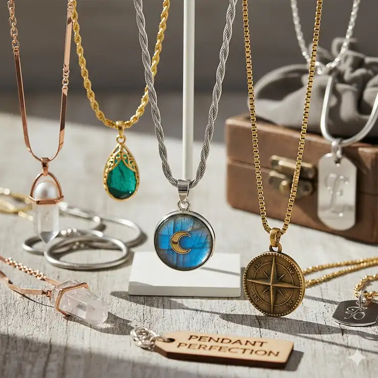 A selection of the best chain necklace types for pendants, including cable, box, and curb chains, showcasing how different styles complement various necklace pendants.