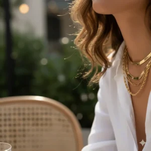 A close-up of a model wearing a layered look featuring three best gold chain necklaces for women—a herringbone, a paperclip, and a classic rope chain—showcasing popular styles.