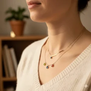 A layered birthstone necklace worn by a woman, perfect for a personalized gift for Mom.