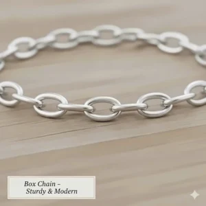 The square, sturdy links of a box chain, an excellent and reliable chain type to wear with heavy or large pendants.