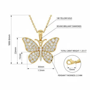 Technical illustration showing the dimensions and gold hallmarks of a diamond butterfly pendant.