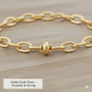 Close-up of a classic cable chain necklace, known for its strength and versatility as one of the best chain necklace types for pendants.