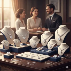 An array of different diamond necklace styles suitable for a wife's anniversary gift.