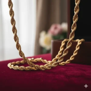 Close-up of a thick, twisted classic rope gold chain necklace, often considered one of the most durable and best gold chain necklaces for women.