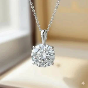 Close-up shot of a classic solitaire diamond necklace for a wife’s anniversary gift.