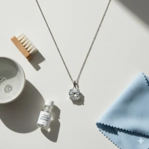 A flat lay image of a soft brush, mild soap, and a polishing cloth used in a gentle process for cleaning and caring for a diamond pendant necklace at home.