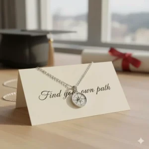 A silver compass necklace on a card that reads "Find your own path," a popular necklace gift for daughter graduation.