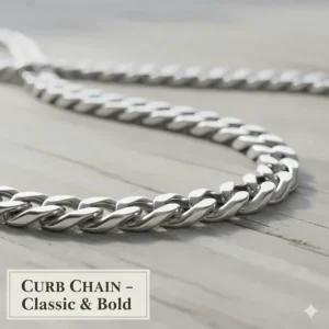 A detailed illustration of a flattened, interlocking curb chain, a popular choice for showcasing large or chunky pendants.