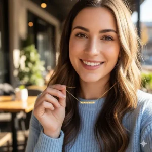 A genuine customer photo showcasing their custom-designed, personalized gold engraved bar necklace.