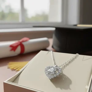 Detailed shot of a small diamond heart necklace, a sentimental graduation gift for a daughter finishing high school or college.