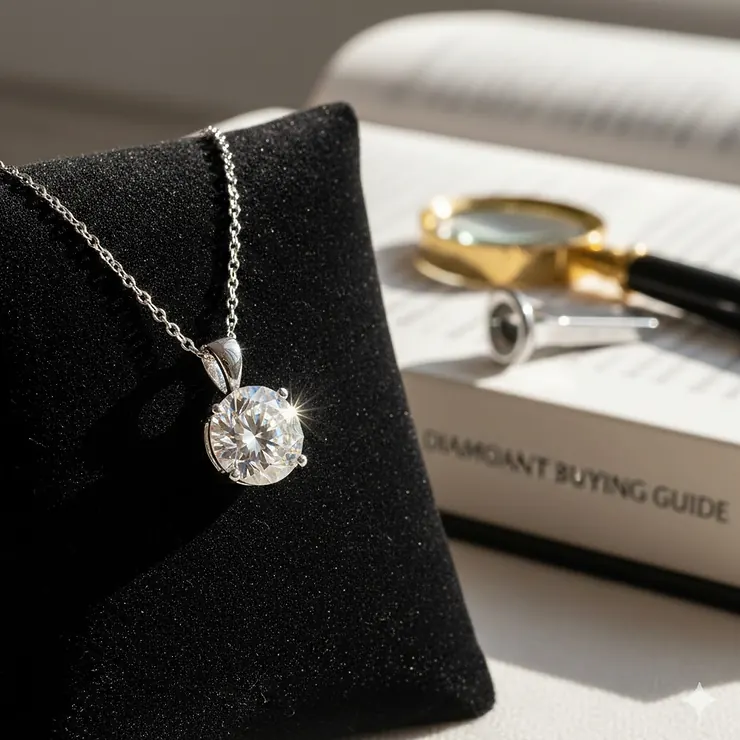 A close-up of a brilliant round diamond solitaire pendant necklace on a jewelry display, illustrating the essential first step in this diamond pendant necklace buying guide.