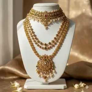 Handcrafted gold wedding necklace for bride with vintage floral motifs and matte finish.