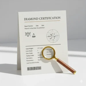 A close-up of a GIA or AGS diamond grading report, emphasizing the importance of securing a certified diamond pendant necklace.