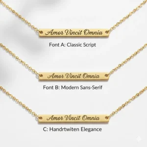 A chart or graphic demonstrating the various elegant font styles available for the custom engraving on the personalized bar necklace.