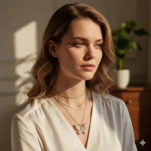 A woman wearing a layered gold butterfly pendant necklace with diamonds for a modern look.