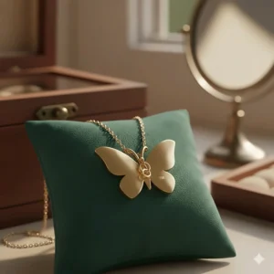 Illustration of the secure lobster clasp and solid gold back of a diamond butterfly necklace.