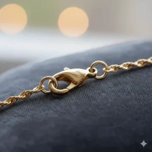 Clear photo of a secure lobster clasp and jump ring on a gold chain necklace, emphasizing the quality and security of the closure mechanism.