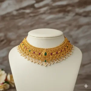 Elegant gold choker wedding necklace for bride featuring intricate filigree patterns.