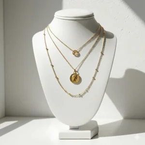 Three-piece gold necklace layering set featuring a vintage-style Roman coin pendant and a delicate shimmer chain.
