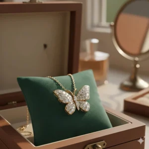 A gold and diamond butterfly necklace presented in a premium jewelry gift box.