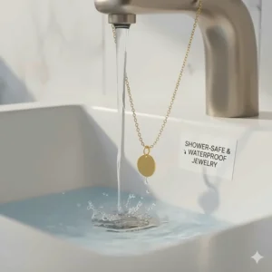 An illustration showing a gold necklace under a faucet with text confirming it is a shower-safe and waterproof jewelry piece.