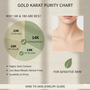Infographic explaining why 14k and 18k gold are the best hypoallergenic choices for neck sensitivity.
