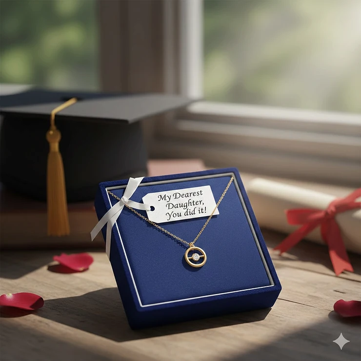 A delicate gold pendant necklace inside a velvet gift box with a graduation cap and diploma in the blurred background. necklace gift for daughter graduation