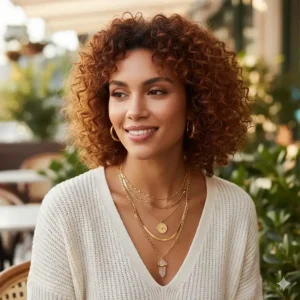 A woman wearing a stylish gold necklace layering set featuring a dainty choker, a medallion pendant, and a long satellite chain.